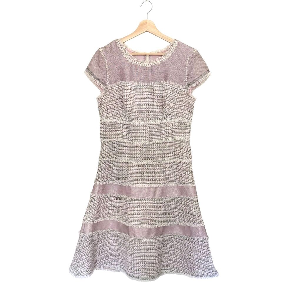 Kay Unger New York Pink Multicolor Tweed Dress Metallic Trim Lined Designer